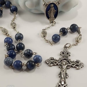 A Grade Sodalite Rosary with Blue Enameled Miraculous Medal Center and Oxidized Silver Paters & Filigree Crucifix Handmade