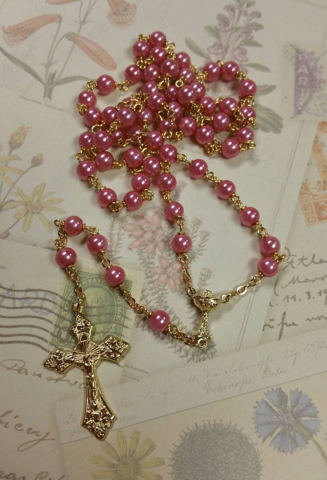 1st Holy Communion Rosary Rose Pink Glass Pearls Catholic Handmade Etsy