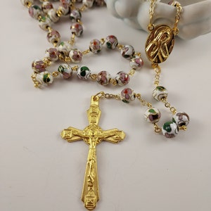 8mm White & Gold Cloisonne&#39; Bead Catholic Rosary Handmade