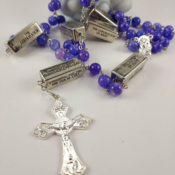 Natural Dyed Violet Jade Bead Rosary with Silver Marian Center and Crucifix and All 4 Mysteries