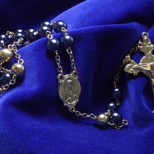 Navy Blue Pearl and Gold Sacred Heart Catholic Rosary Handmade