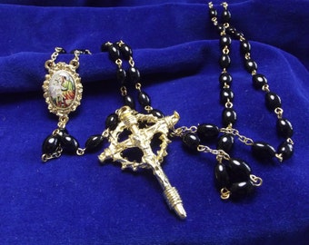 St. Joseph Black Glass Oval beads with Gold Nails & Thorns Crucifix Catholic Rosary Handmade