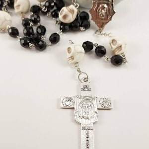 Memento Mori Rosary 8mm Preciosa Black Fire Polished Beads with Silver Holy Face Cross Ivory Resin Howlite Skull Paters Handmade
