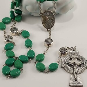 St. Patrick Rosary with Opaque Green Shamrock Czech Pressed Glass Beads Celtic Knot Paters Oxidized Silver Celtic Crucifix Catholic Handmade