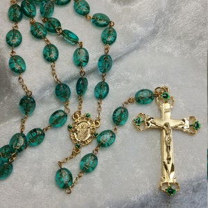 St. Patrick Catholic Rosary with Transparent Green and Gold Shamrock Czech Pressed Glass Beads Handmade
