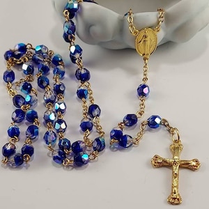 Our Lady of Grace Rosary Cobalt and Crystal Czech Fire Polished Beads Gold Miraculous Medal & Crucifix Handmade