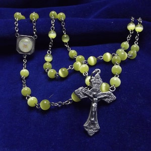 Catholic Confirmation Rosary in 6mm Yellow Cat&#39;s Eye Beads with Silver Crucifix and Holy Spirit Center Handmade