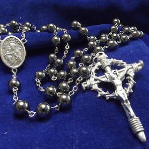 St. Joseph Rosary with Hematite Beads Oxidized Silver Center & Crown of Thorns Crucifix Handmade