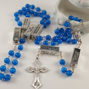 Blue Fiber Optic Glass Beads Catholic Rosary with Silver Finish Mysteries, Center & Crucifix Handmade