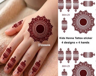 Pegatinas de tatuajes de henna mandala para niños, pegatinas Mehndi - 4 diseños = 4 MANOS (bkh29)
