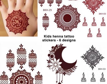 Paquete de pegatinas de tatuajes de henna para niños con 6 diseños (un par de cada uno para cubrir 12 manos).