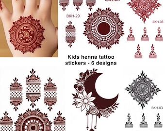 Kids Henna Tattoo Stickers Bundle X6 designs (a pair each to cover 12 hands)