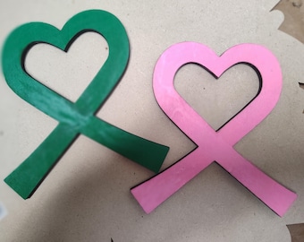 Awareness Ribbon Heart Decorations,  Wooden Hand Painted