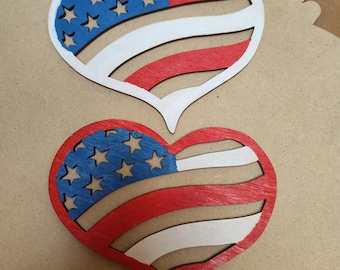 American Flag Heart Decoration, Wooden, Hand Painted