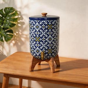 Mexican Riviera Blue Floral Ceramic Water Dispenser with Filter, Brass-Finish Tap and Wood Stand, Countertop Mineral Water Crock