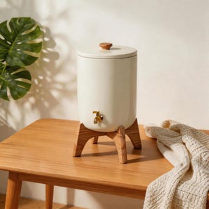 White Ceramic Water Filter Dispenser with Wooden Stand, Countertop Mineral Water Crock, Handmade Ceramic Water Purifier for Kitchen & Home