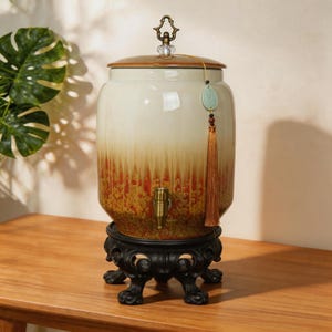 Maple Orange Ceramic Water Dispenser with Brass Tap and Stand, Countertop Mineral Water Crock, Handmade for Kitchen & Home
