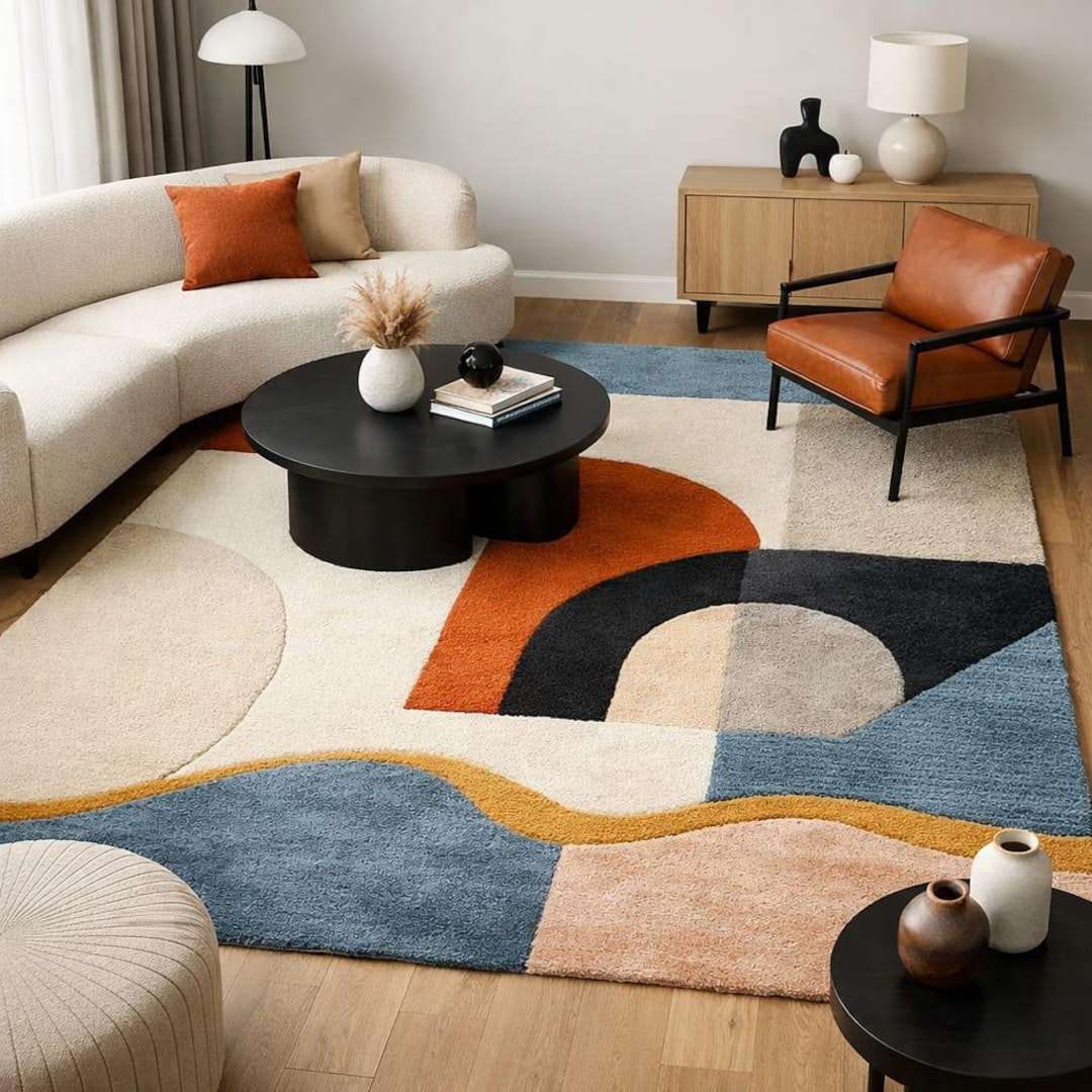 Mid Century Modern Geometric Hand Tufted Rug - Premium New Zealand Wool ...