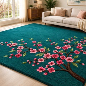 Peut inclure: Un tapis rectangulaire d'un bleu sarcelle profond orné d'une branche d'arbre brune avec des fleurs de cerisier rose vif et des feuilles vertes s'étendant sur toute la surface, créant un motif floral détaillé sur ce revêtement de sol.