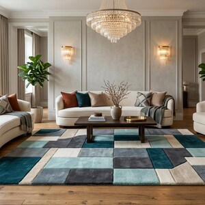 May include: A large area rug featuring a geometric pattern of rectangular blocks in shades of teal, navy blue, light blue, gray, and cream. The rug is positioned on a wooden floor in a room with three curved cream sofas and a dark wood coffee table.