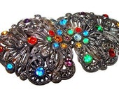Little Nemo Belt Buckle Sash Signed LN 25 Rainbow Rhinestones Silver Filigree Metal 3.5 quot Vintage