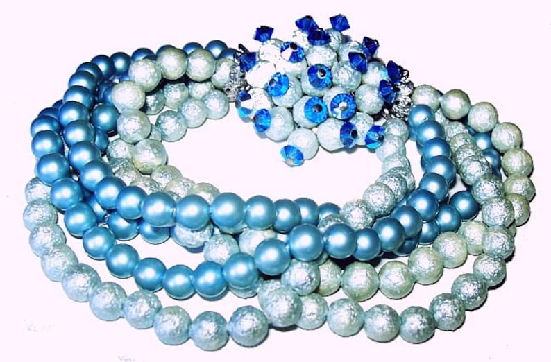 Blue Bead Bracelet Miriam Haskell Style 6 Rows Fancy Beaded Clasp 1930s-40s Vintage