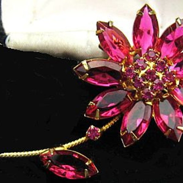 Flower Brooch Pin Magenta Raspberry Rhinestones Gold Metal Designer 2 3/4" Vintage