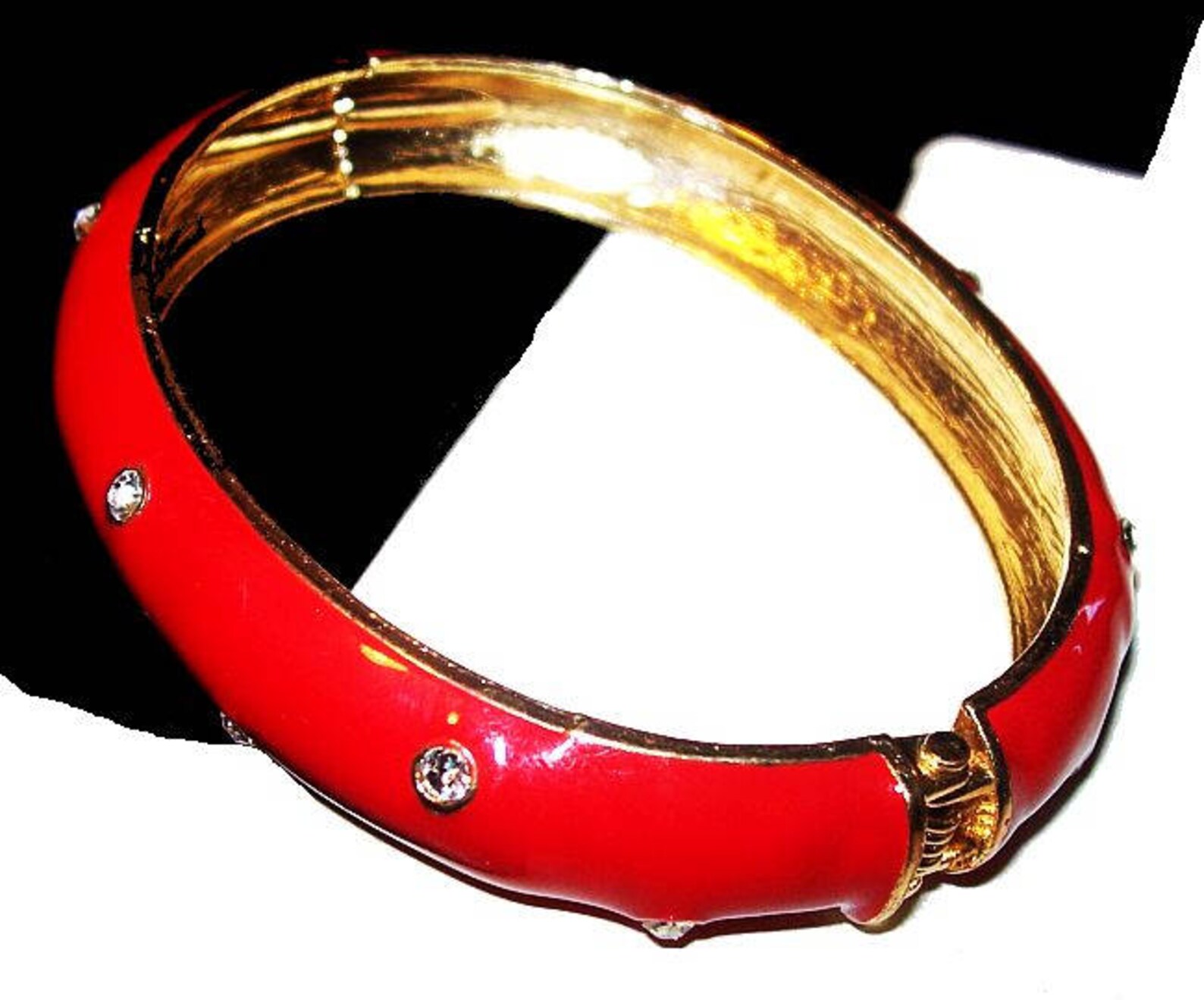 Red Enamel Bangle Cuff Bracelet Clear Rhinestones Gold Metal Etsy