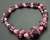 Galalith Art Deco Necklace French Bakelite Pink & Black Carved Beads Floral Design 17"  Vintage