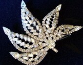 Kramer Rhinestone Brooch Pin Signed Leaf Design Clear Ice Baguettes HUGE 3 1/4" Vintage