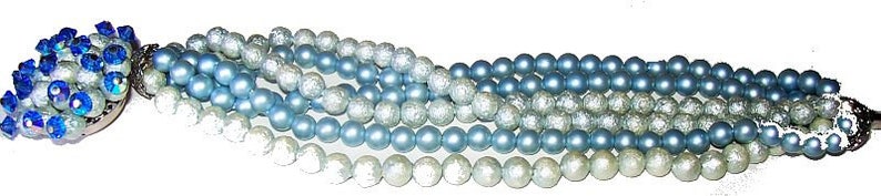 Blue Bead Bracelet Miriam Haskell Style 6 Rows Fancy Beaded Clasp 1930s-40s Vintage