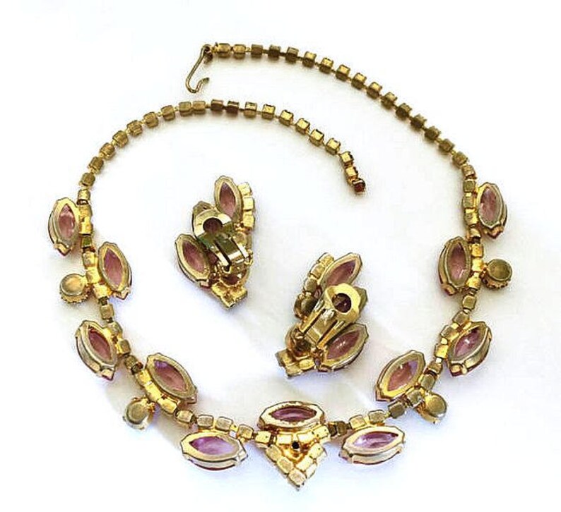 Lavender Pink Rhinestone Necklace Earring Set Gold Metal Wedding Vintage Juliana