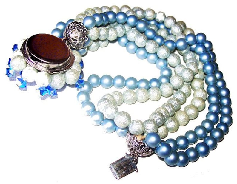 Blue Bead Bracelet Miriam Haskell Style 6 Rows Fancy Beaded Clasp 1930s-40s Vintage