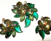 Beau Jewels Brooch Earring Set Signed Sage & Emerald Green Rhinestones Flower Design Vintage