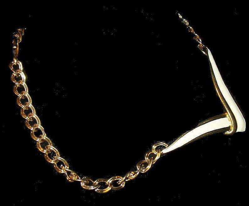 Monet Bib Necklace Signed Cream Enamel Gold Curb Chain Hook Clasp 18 Vintage