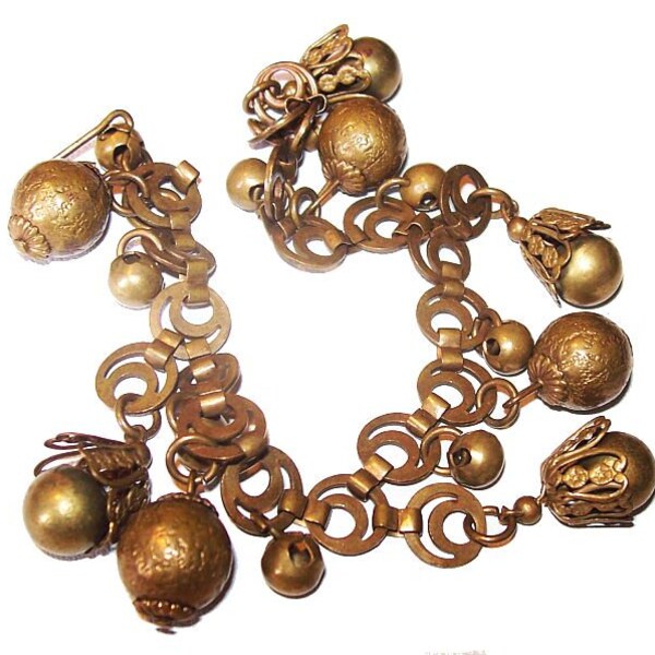 Victorian Gold Bead Charm Bracelet Gold Circle Links Hook Clasp Metal 8 in Vintage Antique