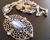 Art Deco Pendant Necklace Blue & Pink Rhinestones Silver Filigree Metal Long 29" Vintage