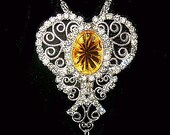 Juliana D&E Pendant Necklace  Rhinestone Orange Yellow Glass Silver Heart Scroll Design 22" Vintage