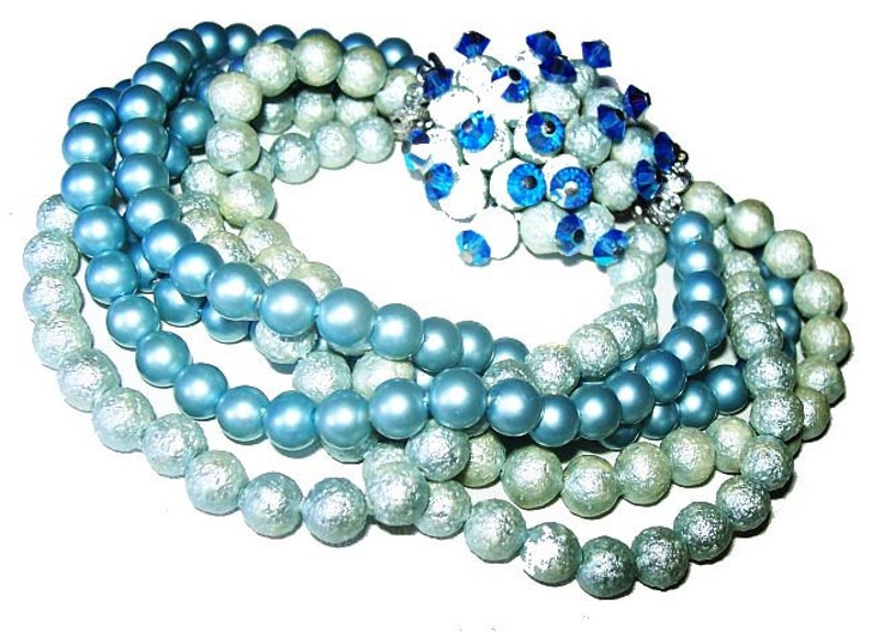 Blue Bead Bracelet Miriam Haskell Style 6 Rows Fancy Beaded Clasp 1930s-40s Vintage
