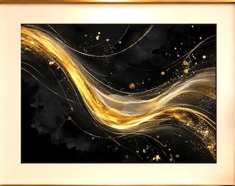Arte abstrata em preto e dourado: Véu de Luz - Arte de parede minimalista para hotéis, escritórios, lounges e salões - Presente