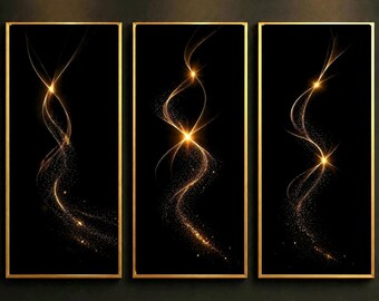 Conjunto de 3 peças de arte abstrata em preto e dourado: Arte minimalista para sala de estar de hotel, decoração moderna japonesa, presente.