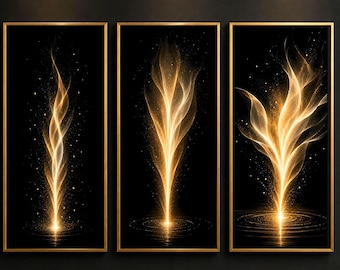 Conjunto de 3 peças de arte abstrata em preto e dourado: Arte minimalista para interiores de lojas, estilo moderno japonês, presente.