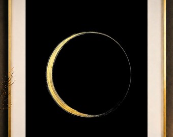 Arte delicada em formato de círculo preto e dourado. Arte minimalista para espaços modernos zen, salões, lounges de hotéis, salas de estar e como presente.