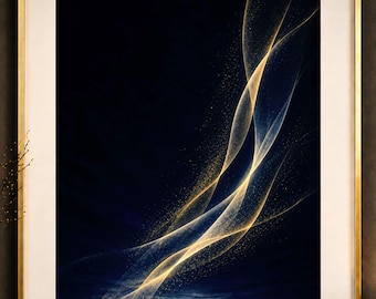 Arte abstrata em azul marinho e dourado - Compre decoração de interiores, estilo moderno japonês, arte moderna, presente