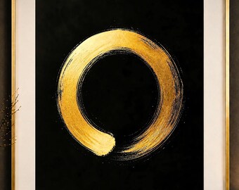 Arte Enso (círculo) em preto e dourado, arte minimalista, Zen, espaço moderno, sala de estar de hotel, presente.