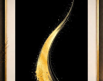 Arte abstrata minimalista em preto e dourado para parede, obra de arte digital para escritório, salão de beleza, lounge, hotel, presente.