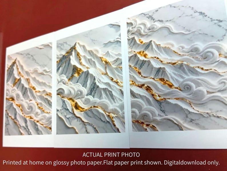 Snow Bottom Paper Snow Mountains Gold Art White Marble and Wave Relief 3 Panel Wall Art ...