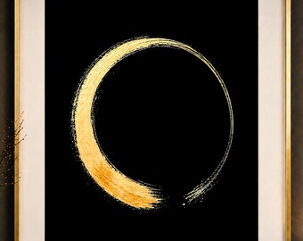 Arte Enso (círculo) em preto e dourado, arte minimalista, espaço zen moderno, salão masculino, bar, restaurante, escritório, presente.