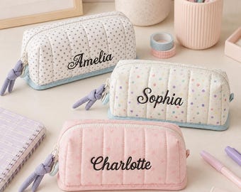 Personalized Quilted Pencil Pouch, Custom Name Makeup Bag, Embroidered Pencil Case, Puffy Cosmetic Bag, Cute Stationery Pouch, Girls Gift