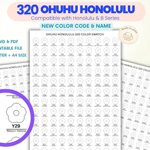 Pode incluir: Uma tabela de cores imprimível para 320 marcadores Ohuhu Honolulu, apresentando linhas de contornos em forma de flor com os códigos e nomes de cores correspondentes. O documento inclui arquivos PNG e PDF nos tamanhos US Letter e A4.
